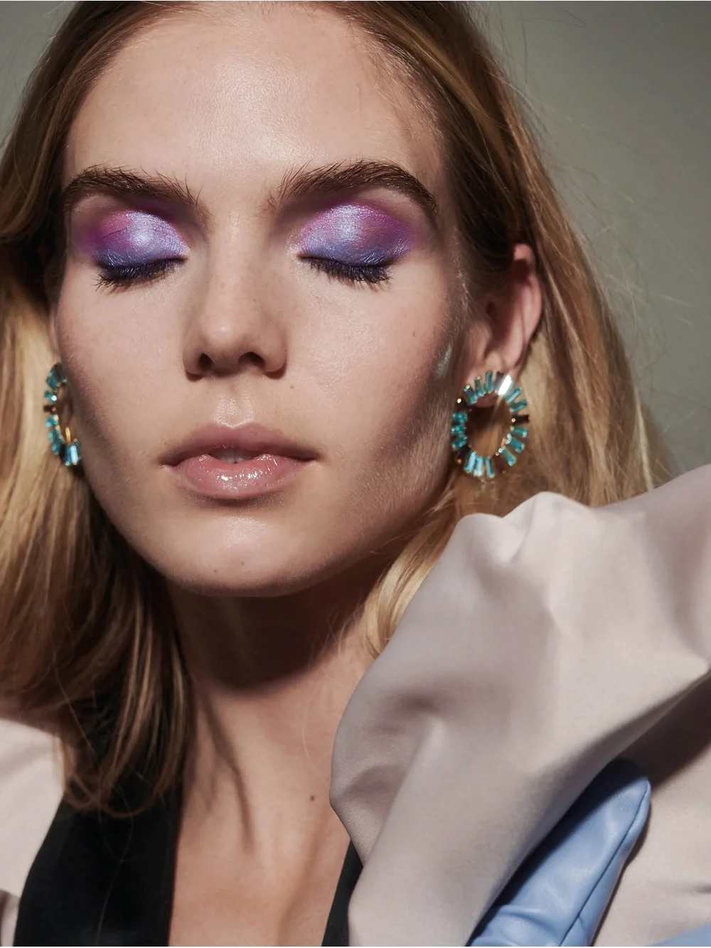 Multicolor Blue Quartz & Amethyst Hoop Earrings - Gold Trim